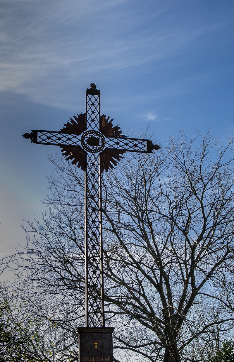 spirituality, nature, memorial, low angle view, outdoors, belief, crucifix, plant, tree, cloud - sky, sky, calvary, 2K, architecture, day, bare tree, cross