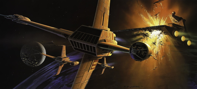 B-wing, Death Star, battle, artwork, Star Destroyer, Ralph McQuarrie, explosion, 2K, Star Wars
