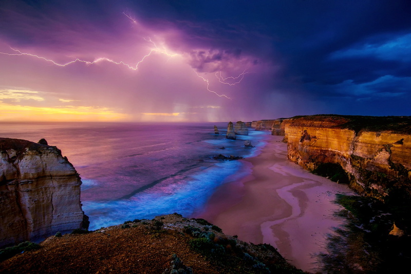 The Twelve Apostles, Sky, Rock, Sea, Ocean, Earth, 1080P, Beach, Horizon, Lightning, Sand, Australia