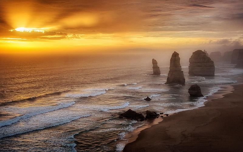 1080P, The Twelve Apostles, Earth, Horizon, Beach, Ocean, Sea, Rock, Sunset, Australia