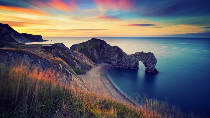 cloud - sky, beauty in nature, horizon over water, water, sunset, scenics - nature, Durdle Door, rock, 1080P, sky, tranquility, rock - object, coast, nature