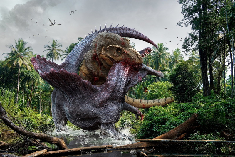 1080P, Fight, Spinosaurus, vertebrate, animal representation, day, animal themes, plant, no people, water, animals in the wild, one animal, Dinosaur, mouth open