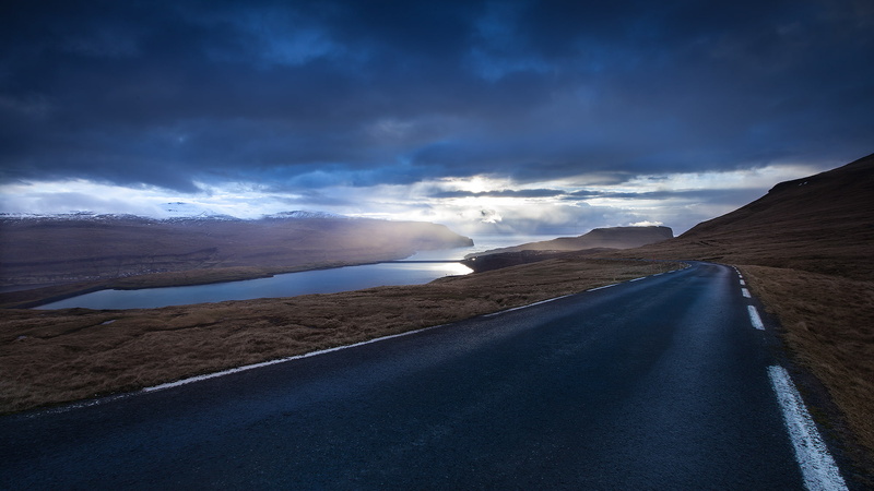 mountain, transportation, diminishing perspective, asphalt, haze, environment, 1080P, hills, non-urban scene, cloud - sky, black, The Faroe Islands, the way forward