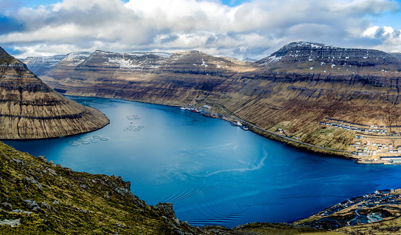 Klaksvik, clouds, mountains, panorama, harbour, Denmark, the view from the top, 4K, Bay, ships, Faroe Islands