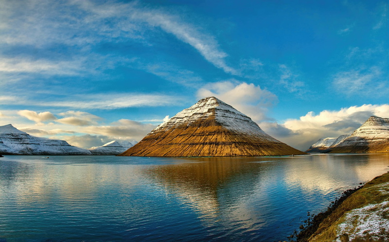 water, snow, sky, faroe, reflection, islands, faroe islands, 1080P, clouds