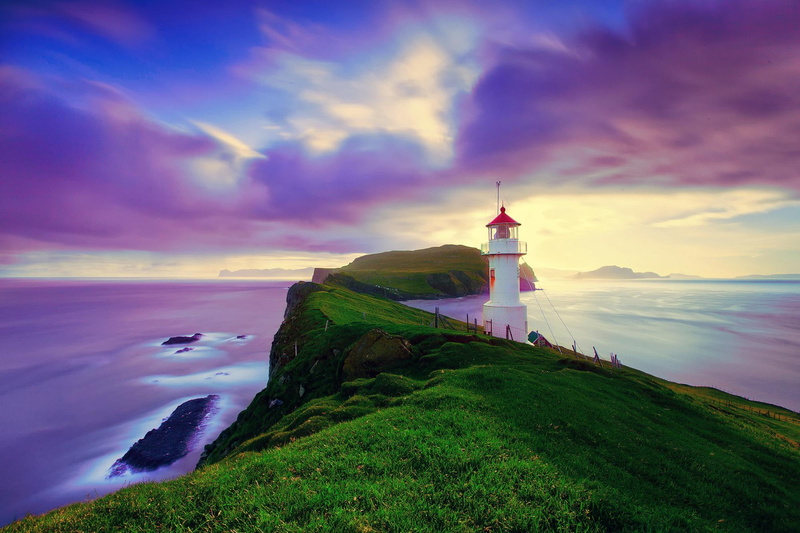 faroe, cliff, 1080P, lighthouse, clouds, islands