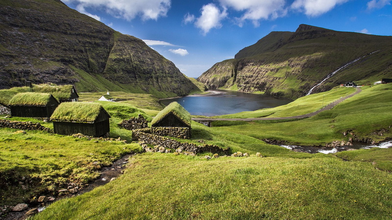 water, rocks, mountains, lake, Denmark, clouds, house, sky, 1080P, Faroe Islands