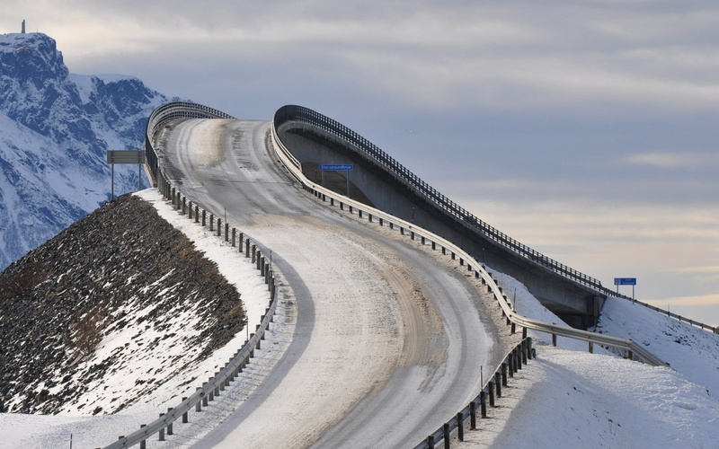pave, road, nature, snowcapped mountain, storseisundet, Norway, clouds, cold temperature, winter, curve, bridge, tourism, environment, travel destinations