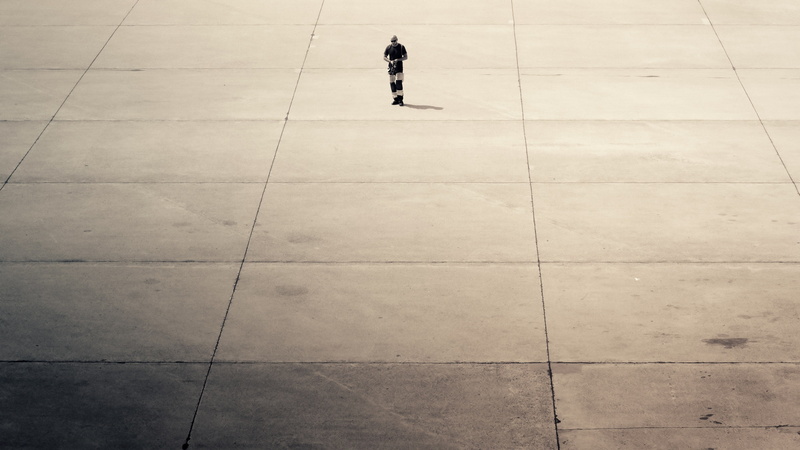 men, flooring, lifestyles, 4K, full length, footpath, outdoors, city, copy space, distant, one person, day, high angle view, photography, concrete, airport