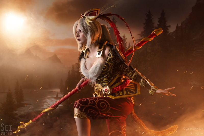 hair accessories, Dota 2, makeup, warrior, Monkey King, cosplay, short hair, 720P, staff, fire, blonde, sparks, women, Darya Kravets, fur