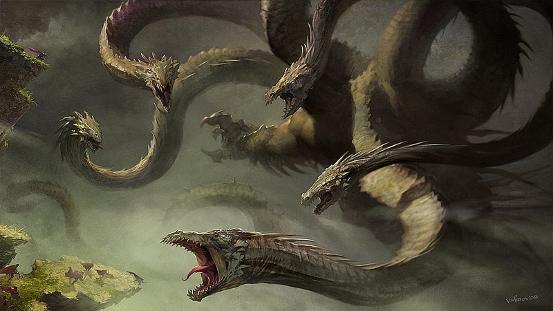 art, fantasy art, 1080P, dragon, hydra, hero, fantasy, creature