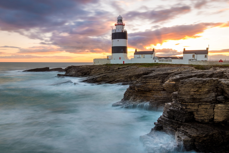 lighthouse, rock, water, guidance, 5K, sea, sunrise, cloud - sky, sky, land, rocky, architecture, tower, rock - object, cliff, hook, clouds, nature, head