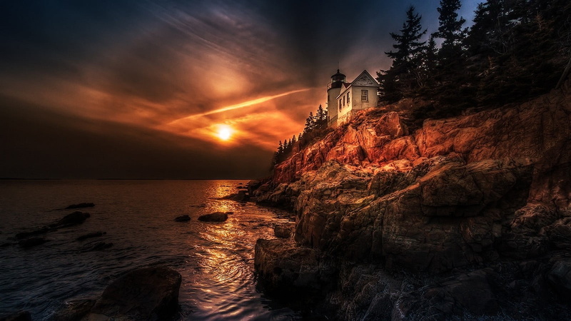 rock - object, Halo, sunset, non-urban scene, beach, coast, Maine, sea, landscape, rock, 720P, water, cloud - sky, sky, white, outdoors, cliff, orange color