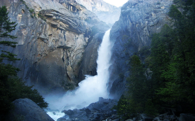 power in nature, rock, water, Yosemite National Park, tree, flowing, mountains, formation, scenics - nature, motion, mountain, leafed, outdoors, non-urban scene