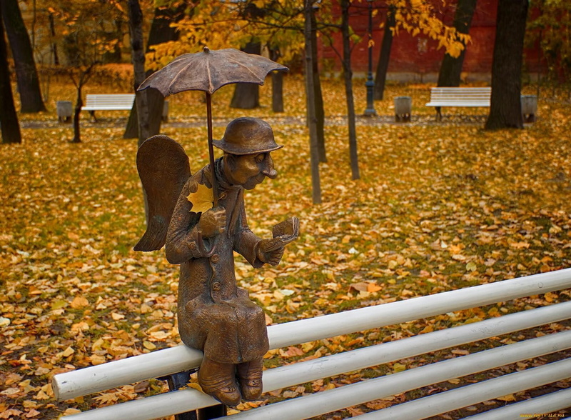 park, autumn, leaves, fall, statue, benches, umbrella, book, trees, bench, 720P, angel