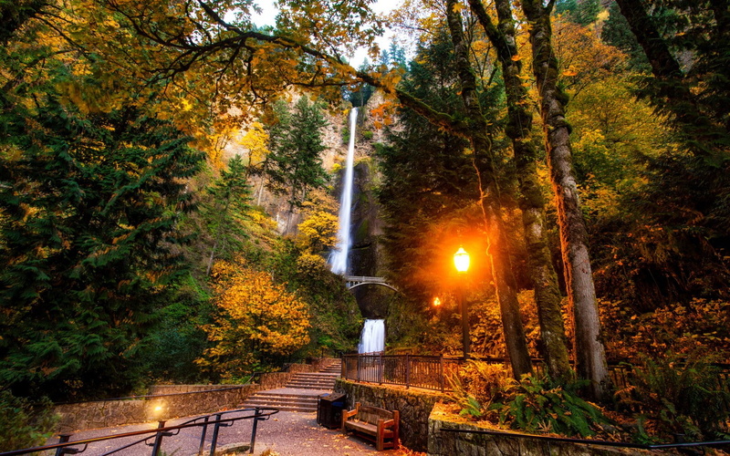 trees, Oregon, 720P, bench, rock, falls, autumn, Multnomah falls, bridge, multnomah, US, lights, waterfall, park
