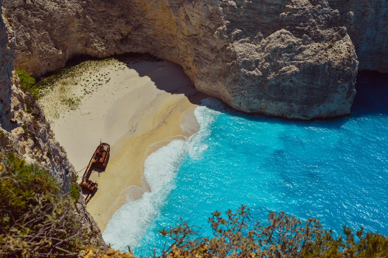 shipwreck, high angle view, daylight, shipwreck beach, idyllic, 5K, day, shore, outdoors, turquoise colored, navagio bay, high angle shot, waves, tranquil scene