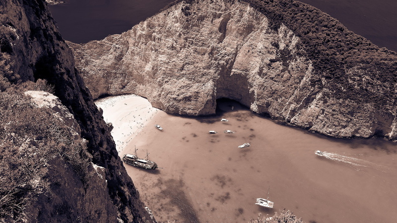 beach, no people, mountain, rock, table, rock formation, Greece, filter, wooden, land, nature, outdoors, Zakynthos, sea, solid, brown, scenics - nature