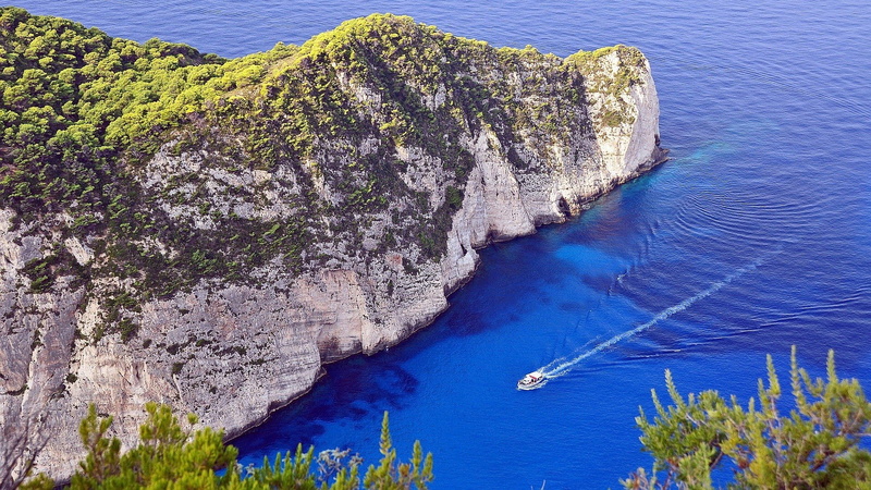 blue, water, Navagio Beach, landscape, plants, boat, river, rock, mountains, Zakynthos, 1080P, nature, Greece
