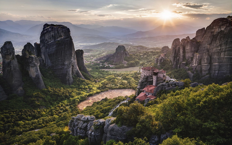 Monastery, Sunrise, World, Meteora, Heritage, 1080P, Greece, Mountains