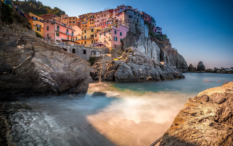 rock, 1080P, coast, nature, city, shadow, town, Manarola, Europe, sunlight, Italy