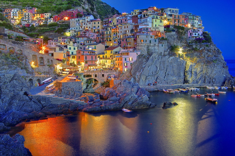Italy, body, 1080P, houses, reflection, lights, Liguria, Manarola, evening, lot, water, dusk, concrete, near