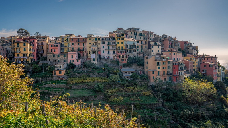 multi colored, cityscape, sky, clear sky, no people, house, outdoors, hill, tree, land, travel destinations, town, day, building exterior, hilltop, corniglia