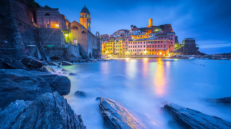 liguria, italy, built structure, vernazza, illuminated, la spezia, residential district, landscape, no people, architecture, sea, evening, ligurian sea