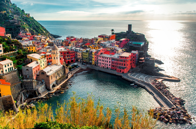 reflection, Italy, nature, stones, Vernazza, home, the city, water, 8K, coast, The province of la Spezia, The Ligurian sea, Cinque Terre, landscape, shore