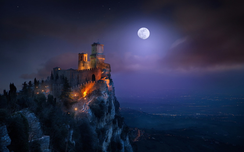 Marino, 1080P, San, Moon, Fortress, Night, Light, Tower