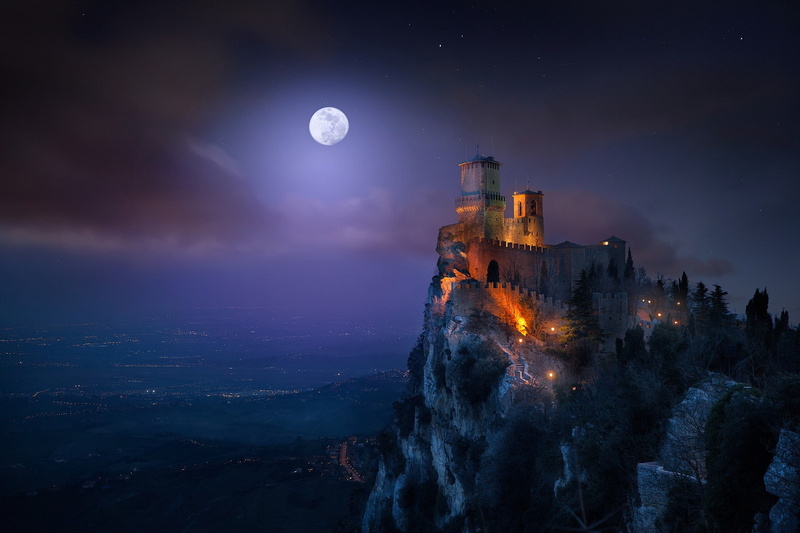 castle, landscape, San Marino, nature, night, Guaita Fortress, 1080P