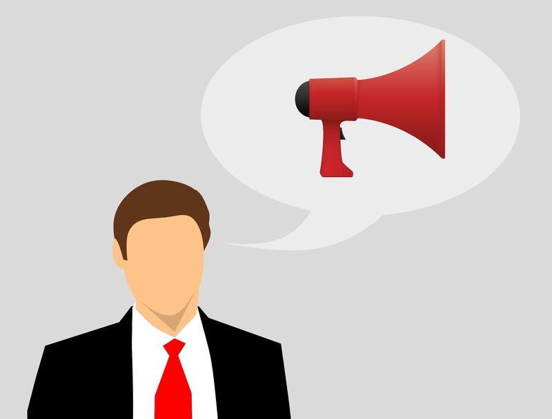 advance, promotion, speaker, bubble, red, business person, mass, msg, creative, speakerphone, puffery, idea, talking, men, concept, publicity, well-dressed