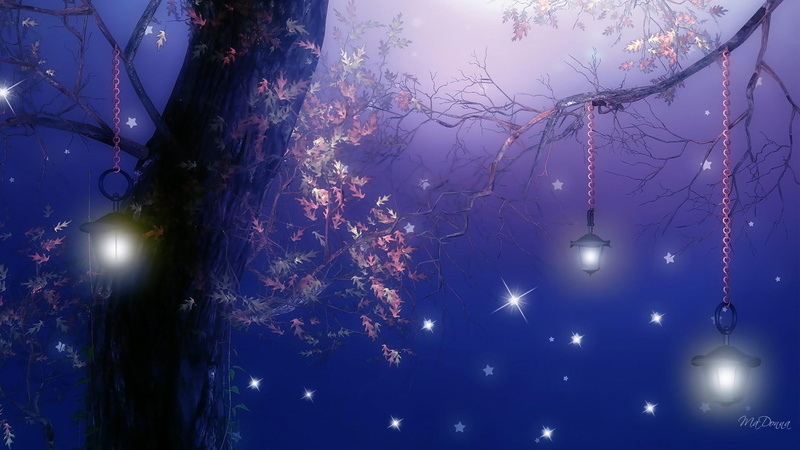 mystical, fantasy, 1080P, moon, bright, lanterns, 3d and abstract, stars, leaves, trees, help, light