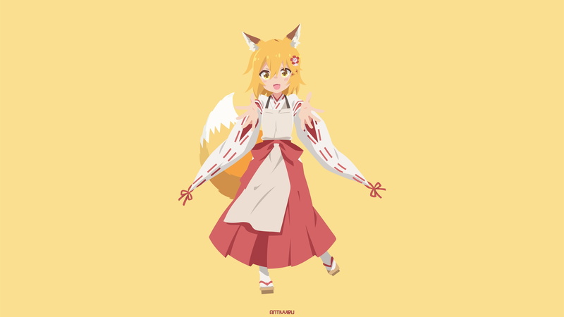 4K, Girl, The Helpful Fox Senko-San, Senko-san (The Helpful Fox Senko-san), Tail, Minimalist, Yellow Eyes, Animal Ears, Blonde, Skirt, Anime