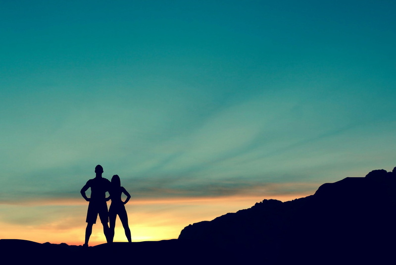 nature, coach, travel, trekking, active, two people, backpacker, dom, people, standing, men, female, couple, athlete, silhouette, sunset, exercise, tha