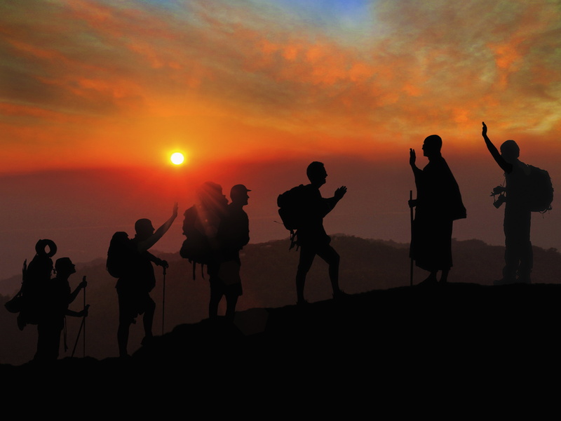 people, togetherness, nature, orange color, land, outdoor, namaste, wireless technology, travel, musician, women, friendship, backpacker, monk, silhouette
