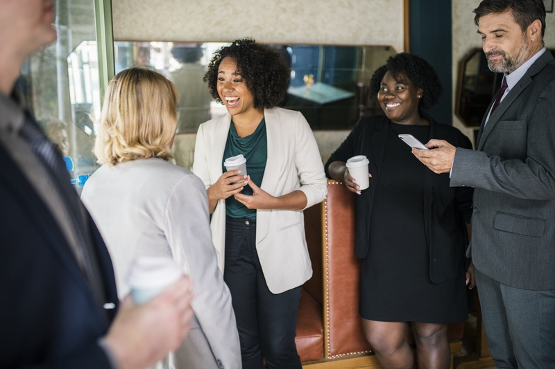 meeting, standing, discussing, fun, businessman, optimistic, people, businesswoman, smiling, blond hair, employee, women, mobile phone, young women, business