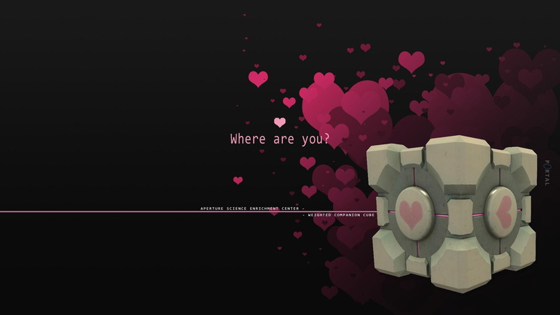 1080P, companion, weighted companion cube, cube, heart, weighted, 1920x1080, gray, games, illustration, portal, pink