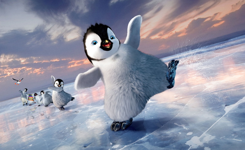 happy feet, cold temperature, outdoors, mammal, two, feet, Others, cloud - sky, Cartoons, happy, day, penguins, snow, Film, bird, no people