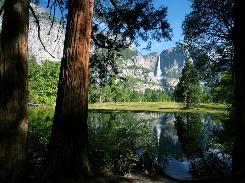 yosemite National Park, blue, tree, tourism, cliff, waterfront, landscape, tranquility, lake, waterfall, national Landmark, forest, water, non-urban scene