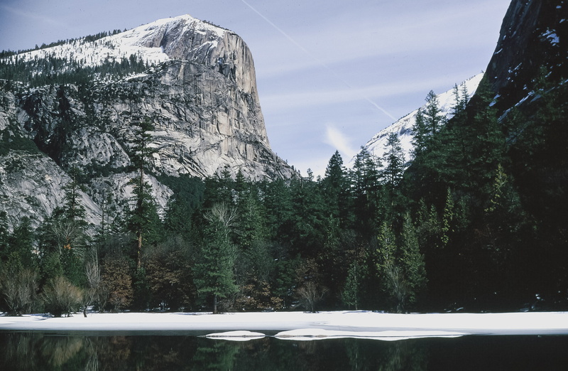 non-urban scene, glacier, tree, trees, reflection, cliff, no people, 2K, landscape, rock, national park, outdoors, half, falls, landmark, growth, winter