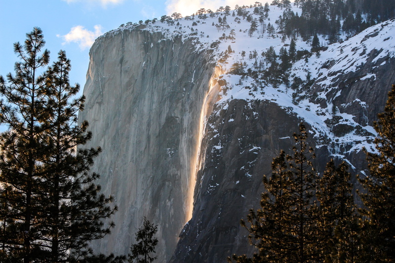 fir, low angle view, non-urban scene, gray, snowcapped mountain, land, nature, horsetail falls, scenics - nature, tranquility, el capitan, winter, beauty in nature