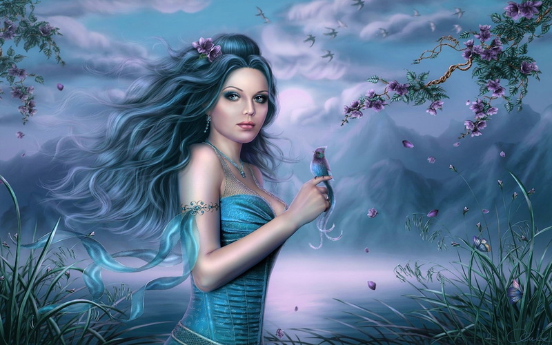 blooming, computer, black, 2K, spring, haired, butterflies, trees, awakening, flight, girl, birds, nature, long, hd, fantasy, bird, finger