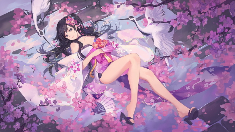 Girl, Japanese Clothes, Lying Down, Original, High Heels, Anime, 1080P, Flower, Sakura, Cherry Blossom