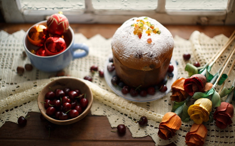 cherries, dessert, tablecloths, cake, depth of field, flowers, Christmas ornaments, food, Christmas, 1080P