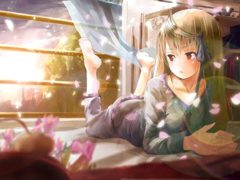 anime girls, window, barefoot, bed, Rewrite, Sun, bedroom, lying on front, Senri Akane, anime, hair ornament, blonde, 720P, cherry blossom, long hair