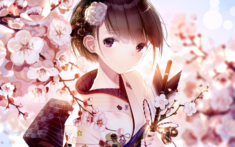 purple eyes, 2D, illustration, cherry blossom, smiling, hair ornament, 1080P, kimono, original characters, artwork, anime girls, Atha, short hair, black hair