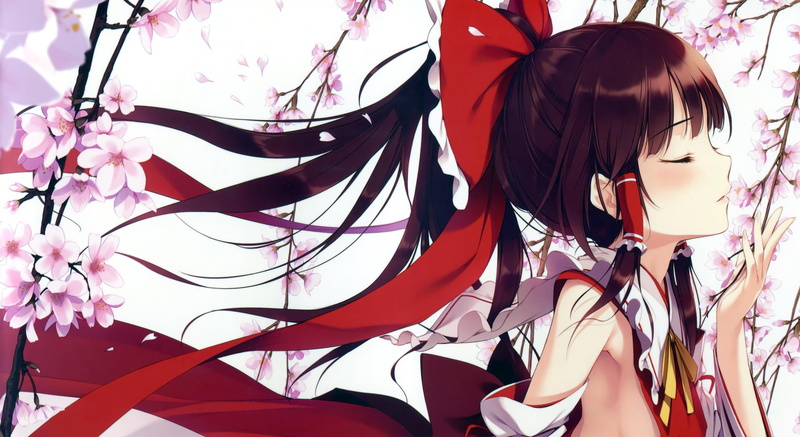 Touhou, hair ornament, long hair, cherry blossom, Hakurei Reimu, anime girls, 2K