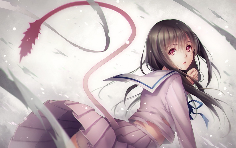 long hair, anime girls, tail, black hair, school uniform, Noragami, red eyes, anime, 720P, Iki Hiyori