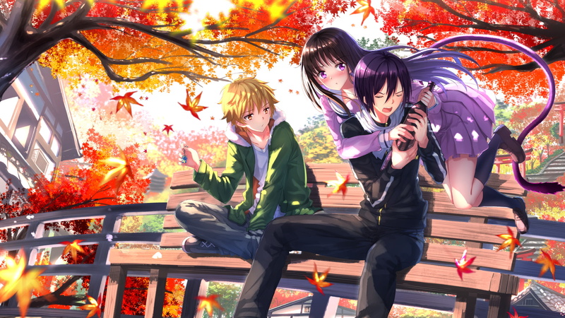long hair, tail, anime, Yato (Noragami), Swordsouls, school uniform, leaves, anime boys, anime girls, 1080P, Yukine (Noragami), black hair, fall, blonde